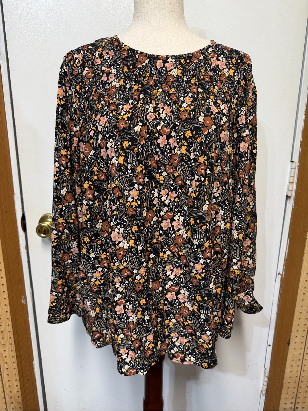 J. Jill XL Petite Floral Paisley Pintuck Tunic Blouse Black Boho Rayon